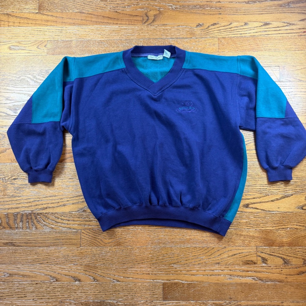 Vintage Bugle Boy Co Sweatshirt Mens XL Purple Teal Colorblock V-Neck 90s Fleece